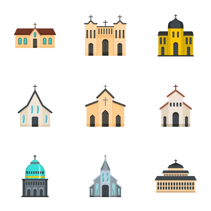 Vector church icons set, cartoon style