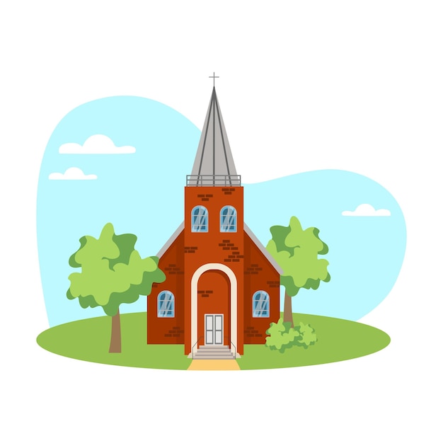 Church illustration building cross window door roof tree