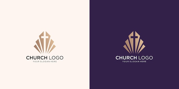 Vettore design del logo della chiesa nell'illustrazione del simbolo del logo cristiano del logo della chiesa di ispirazione dello spazio negativo