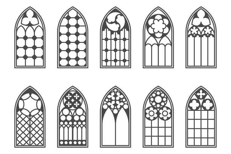 Vector church medieval windows set old gothic style architecture elements outline illustration