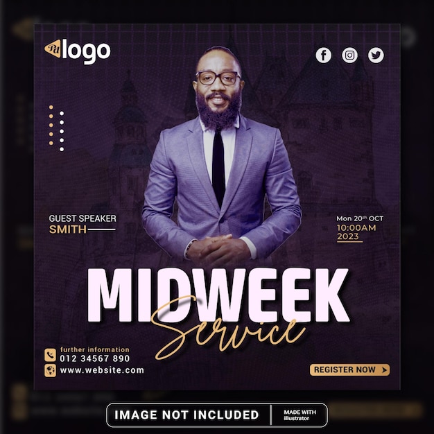 Church Midweek service banner for social media instagram post banner template or square Flyer