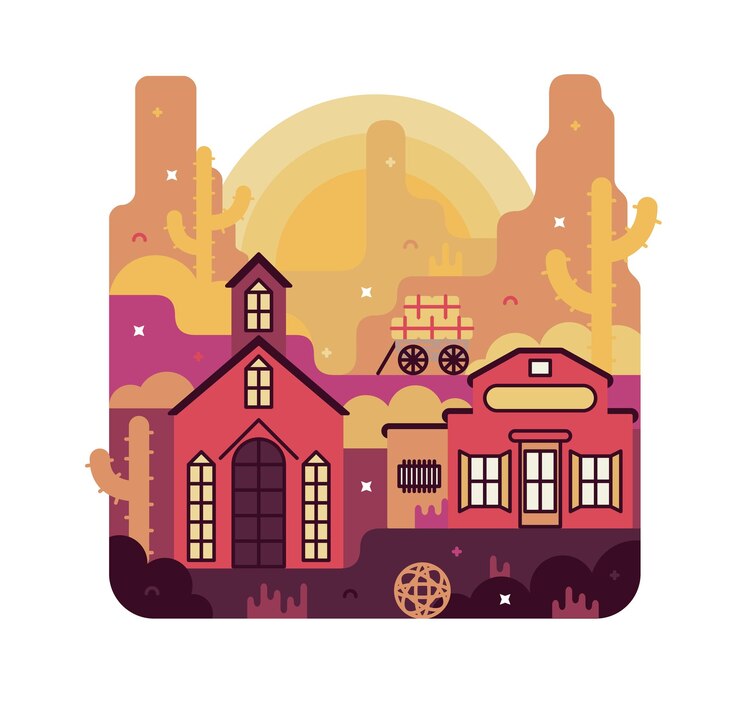 Vector church and prison in the wild west vector cartoon illustration in flat stile