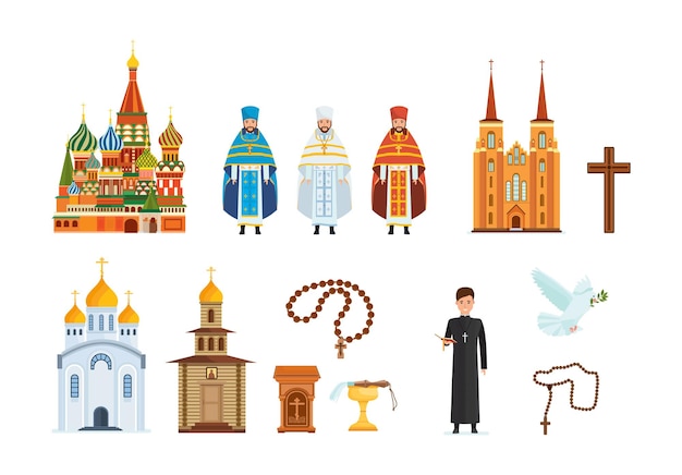 Vector church religious set. spiritually faith cross, pastor, beads, cathedral, praying, god believe, white pigeon. vintage and modern monastery abbey with holy clergyman in traditional outfit flat vector