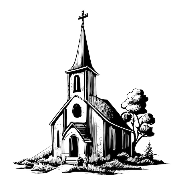 Church retro hand drawn sketch illustration landscape