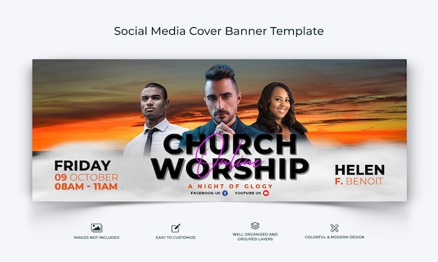 Vettore modello di banner per la copertina di facebook dei social media della chiesa vettore premium