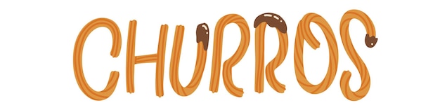 Churros and drawn lettering word made with churros sticks and chocolate sauce vector flat illustrati