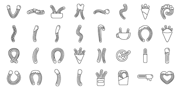 Vector churros icons set outline vector chocolate food spain biscuit