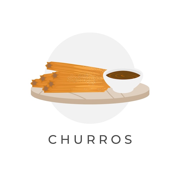 Churros Illustration Logo With Melting Chocolate Sauce In A Bowl