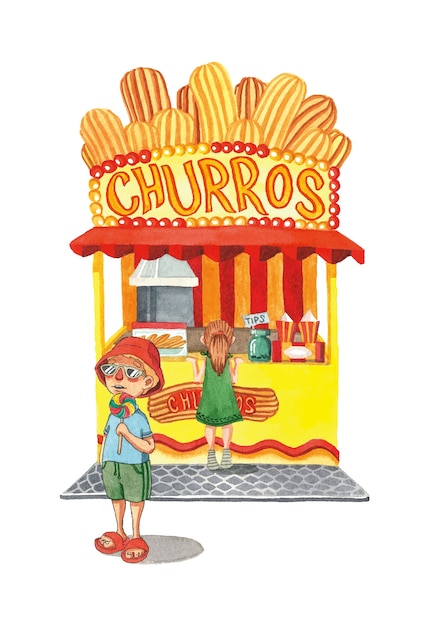 Vector churros kiosk summer boy and girl street food  watercolor illustration