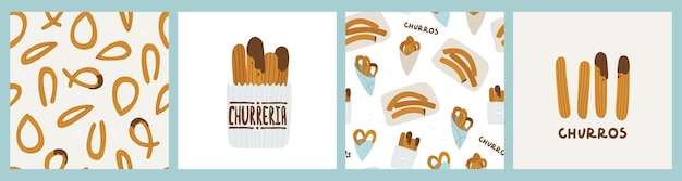 Churros Set van vectorillustraties en naadloze patronen voor churreria Spaans Madrid of Mexicaanse traditionele gebakjes voor het ontbijt