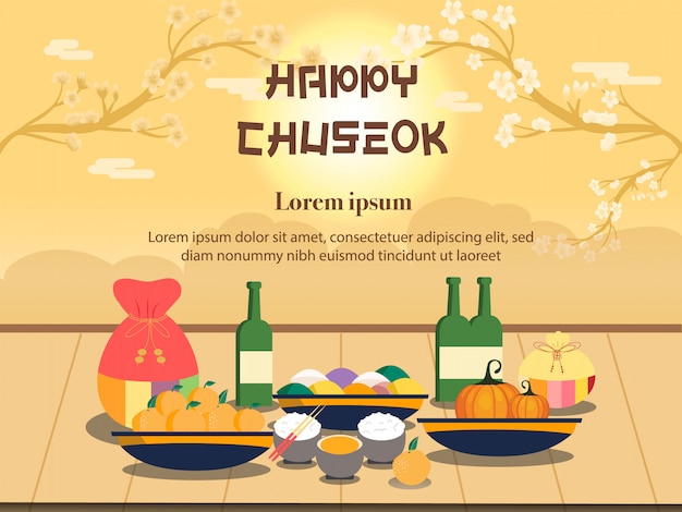 Vector chuseok illustration. persimmon tree on full moon view