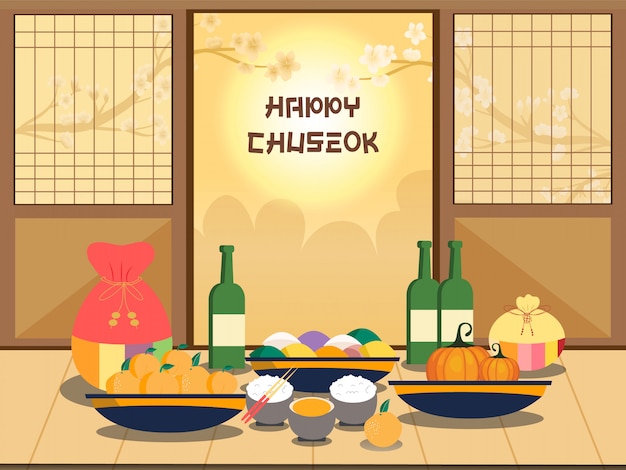 Illustrazione di chuseok. albero di cachi sulla vista di luna piena