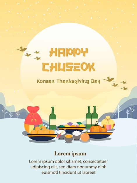 Vector chuseok illustration. persimmon tree on full moon view