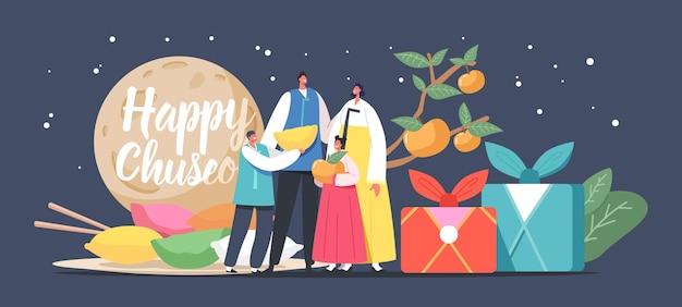 Chuseok Tteok Korean Tradition Concept. Happy Asian Family with Kids Characters Wearing Traditional Costumes Hanbok Stand at Songpyeon Rice Cakes and Persimmon Tree. Cartoon People Vector Illustration