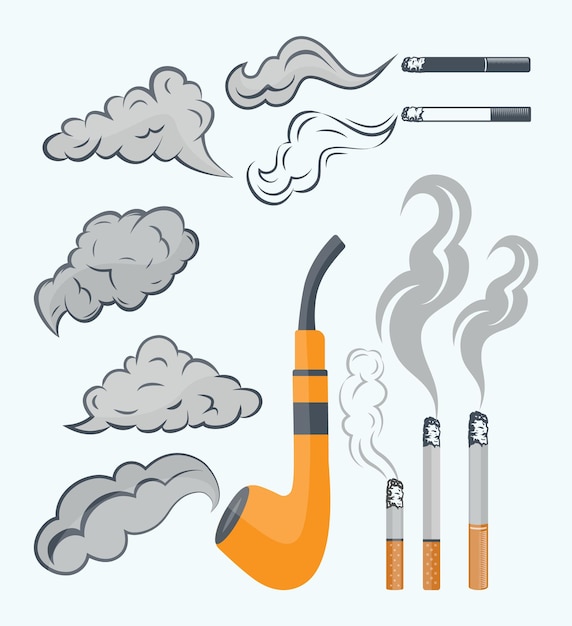 カラフルなデザインで設定されたタバコと煙のイラストベクトル。プレミアムベクトル。
