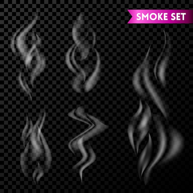 Vector cigarette smoke waves set isolated on transparent