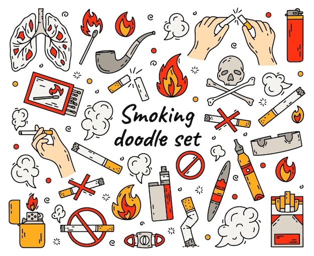 Cigarette smoking set in doodle style illustration