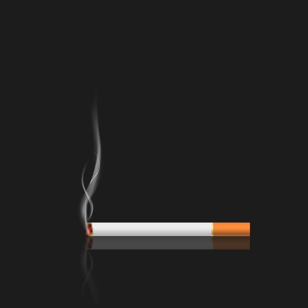 Vector cigarette with smoke isolated on black background with reflection.