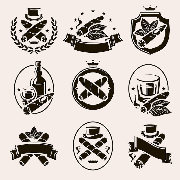 Cigars label and icons set collection icon cigars vector