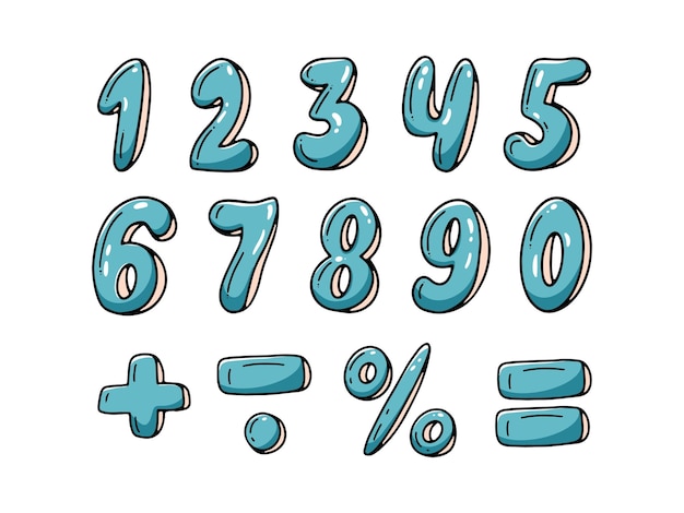 Cijferreeks van 0 tot 10 wiskundige tekens plus min is gelijk aan percentage geïsoleerd op een witte achtergrond Vectorillustratie zeepbel in handgetekende stijl Doodle pictogrammen met getallen