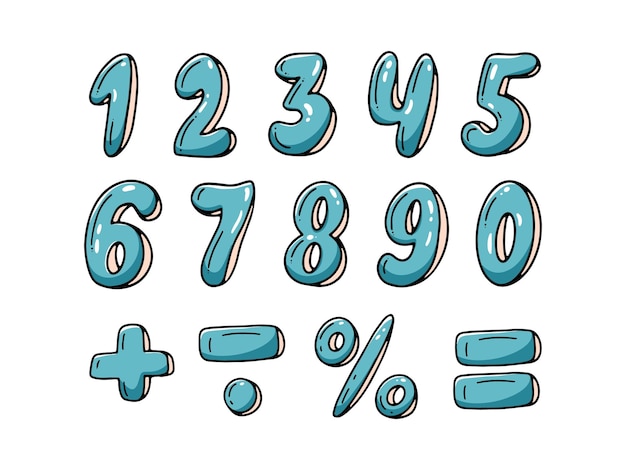 Cijferreeks van 0 tot 10 wiskundige tekens plus min is gelijk aan percentage geïsoleerd op een witte achtergrond vectorillustratie zeepbel in handgetekende stijl doodle pictogrammen met getallen