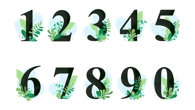 Cijfers 1 2 3 4 5 6 7 8 9 0 met botanische bladeren Natuurlijke stijl Vectorelementen voor bruiloft