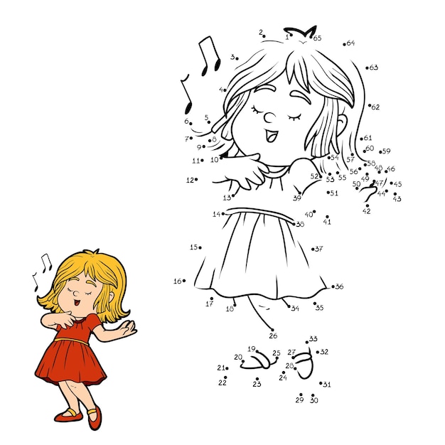 Cijferspel voor kinderen klein meisje in een rode jurk zingt een lied