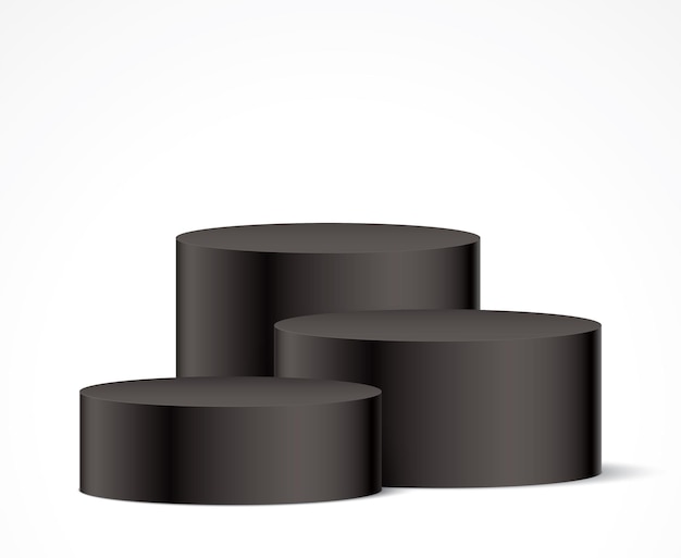 Cilindervorm drie zwarte elegante sokkels voor een object of productpresentatie. een abstracte esthetische scène met geometrische vormpodia. vector podium sjabloon.