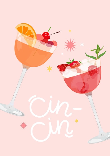 Cin cin слово и летние коктейли на розовом фоне Векторная иллюстрация