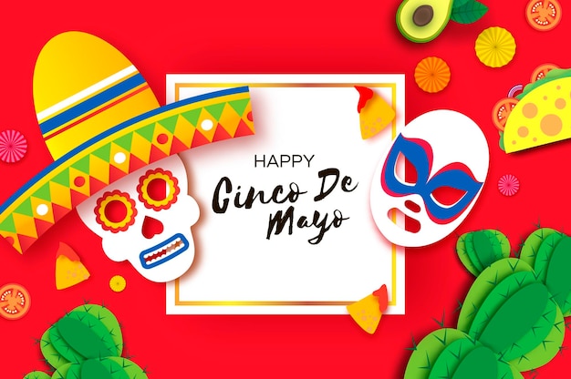 Cinco De Mayo Banner 멕시코 두개골, 솜브레로 모자와 루차도르 마스크가 있는 종이 컷 스타일 나초