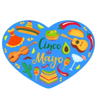 Bandiera del cinco de mayo. sombrero, chitarra, poncho, cactus, guacamole, tacos. decorazioni per le celebrazioni nazionali messicane.