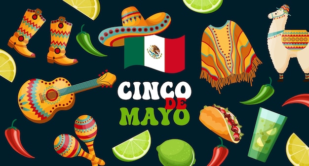 Cinco de mayo banner with symbols of Mexico Mexico flag maracas sambrero chili poncho lemon