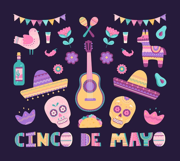 Cinco de Mayo 빅 세트에는 휴일 두개골, 피 나타, 솜브레로, 부리 토 및 데킬라의 전통적인 멕시코 상징이 있습니다. 손으로 그린 요소 컬렉션, 배경에 고립 된 플랫 만화 스타일의 템플릿