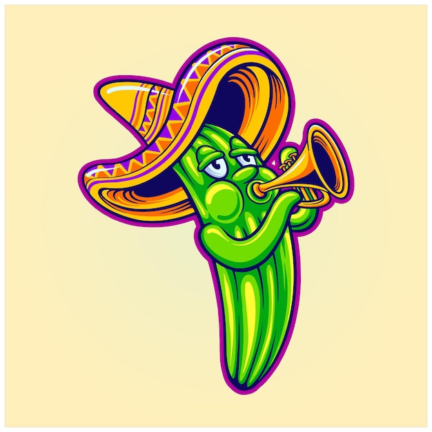 Cinco de mayo cactus che suona la tromba indossando illustrazioni di cappello messicano