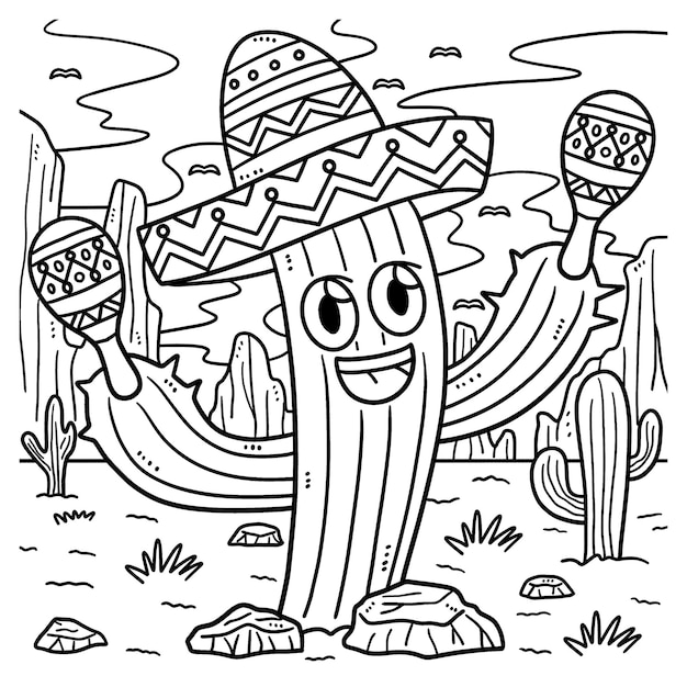 Vector cinco de mayo cactus with sombrero coloring page