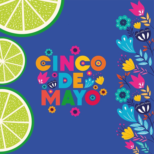 Vector cinco de mayo card with flowers and lemon