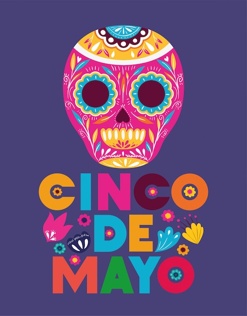 Cinco de mayo card with flowers and skull mask