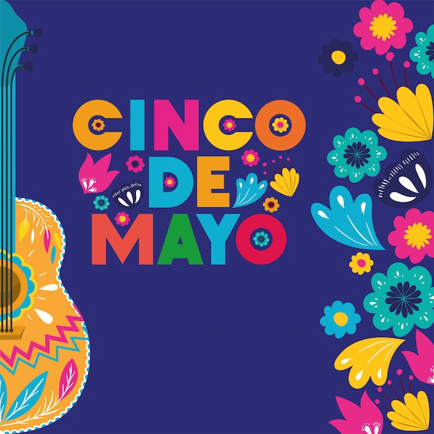 Cinco de mayo card with guitar and flowers