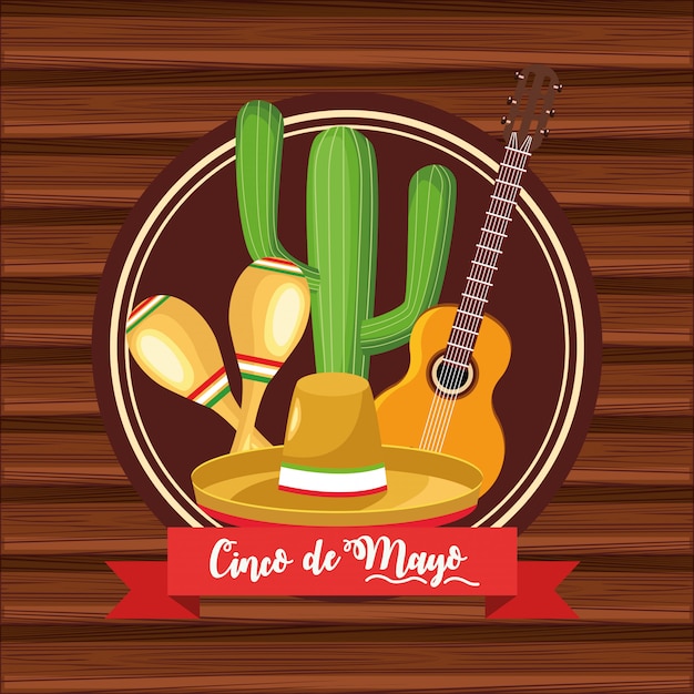 Vector cinco de mayo celebration card with mexican hat and instruments