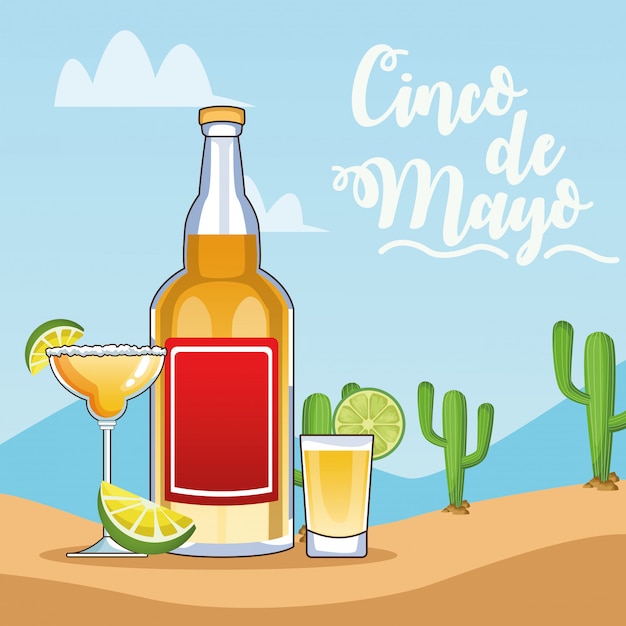 Vettore biglietto per feste cinco de mayo con bottiglia e tazze di tequila