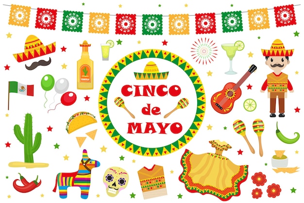 Vector cinco de mayo celebration in mexico, icons set, design element, flat style.collection objects for cinco de mayo parade with pinata, food, sambrero, tequila, cactus, flag. vector illustration, clip art