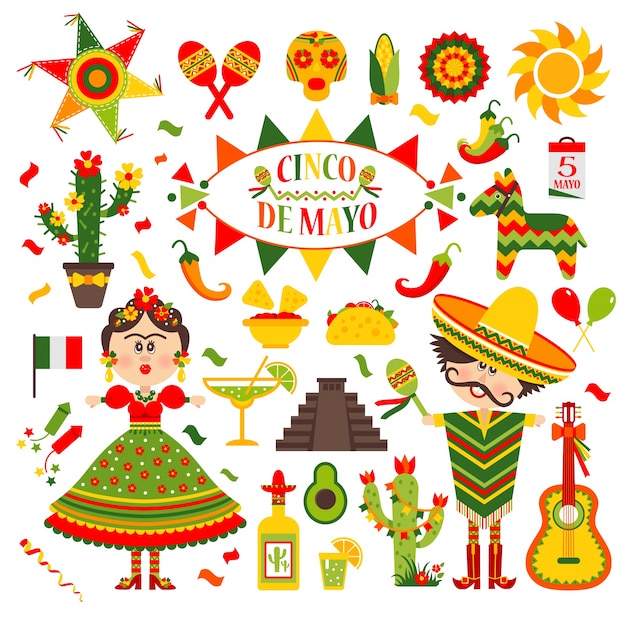 Цинко-де-Майо празднования в Мексике, набор, дизайн иконы.