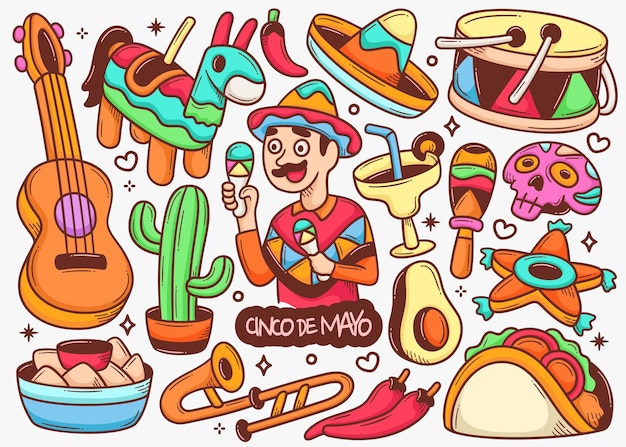 Cinco de mayo doodle collezione disegnata a mano di vettore