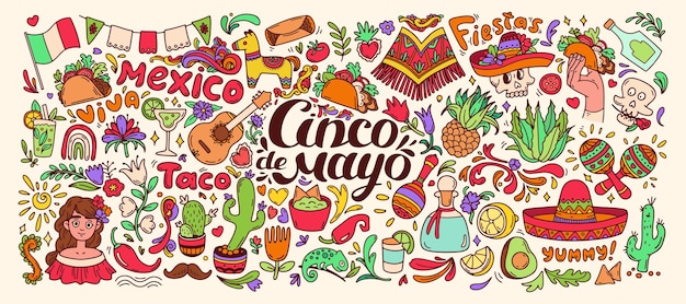 シンコ・デ・メイオ (Cinco de Mayo) - メキシコの食事や植物の色彩を描いたドードルセット