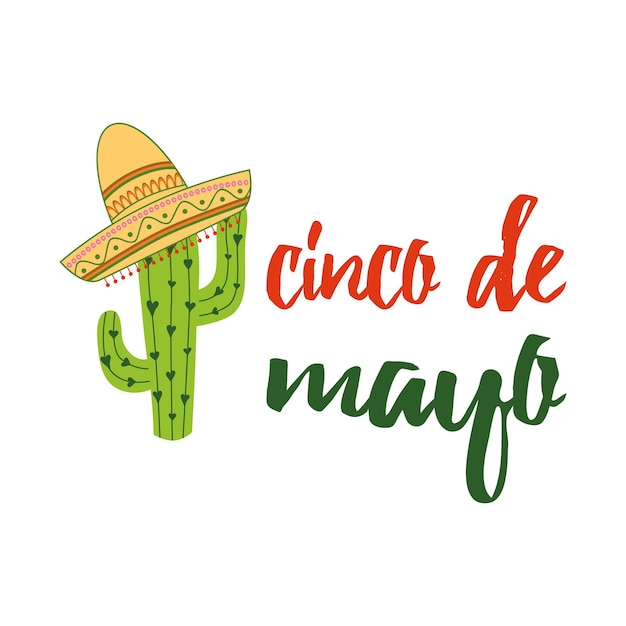 Disegno dell'emblema cinco de mayo con calligrafia disegnata a mano con scritte sombrero e cactus