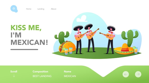 Cinco De Mayo Festival bestemmingspagina sjabloon. Mexicaanse mannen in Sombrero die gitaar spelen om de nationale volksmuziekvakantie te vieren. Mariachi Artiest Muzikanten Karakters. Cartoon mensen vectorillustratie