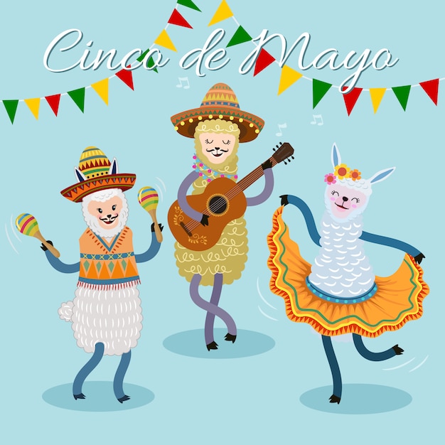 Cinco de mayo festival kaart met schattige alpaca zingen en dansen.