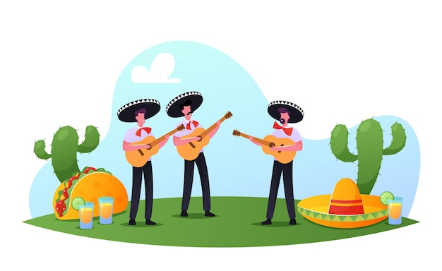 Cinco de mayo festival, mexican men in colorful costumes and sombrero playing guitar celebrating national folk music holiday