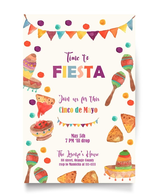 Vector cinco de mayo fiesta party invitation watercolor banner with nachos and maracas