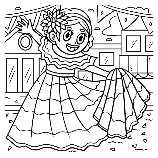 Vector cinco de mayo girl dancing coloring page for kids